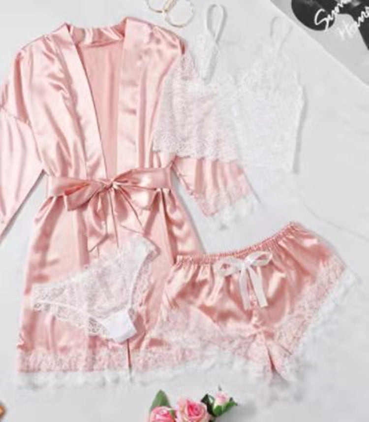 Lingerie Satin  Striped Coat Lace Bra Underwear Four-piece Set