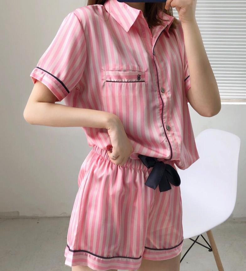 Striped Printed Short-sleeved Shorts Set Satin Home Service