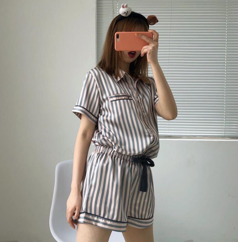 Striped Printed Short-sleeved Shorts Set Satin Home Service