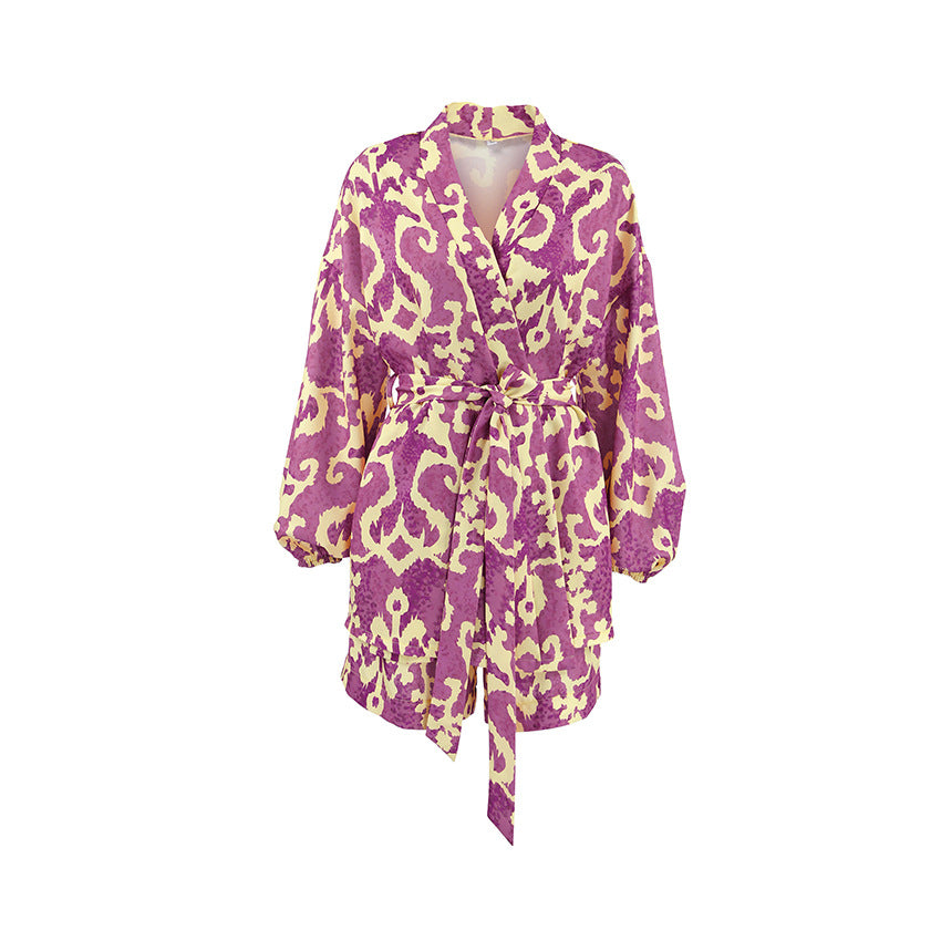 Women's Fashionable Satin Printed Pajamas Loose Lace-up