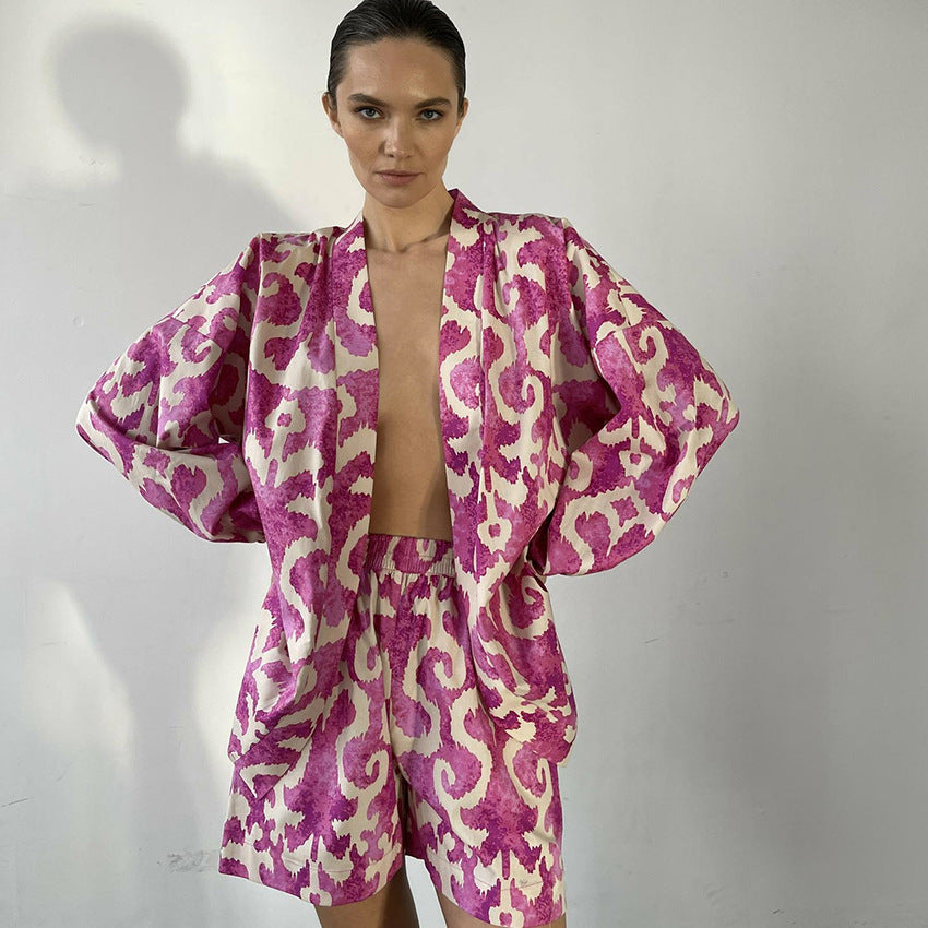 Women's Fashionable Satin Printed Pajamas Loose Lace-up