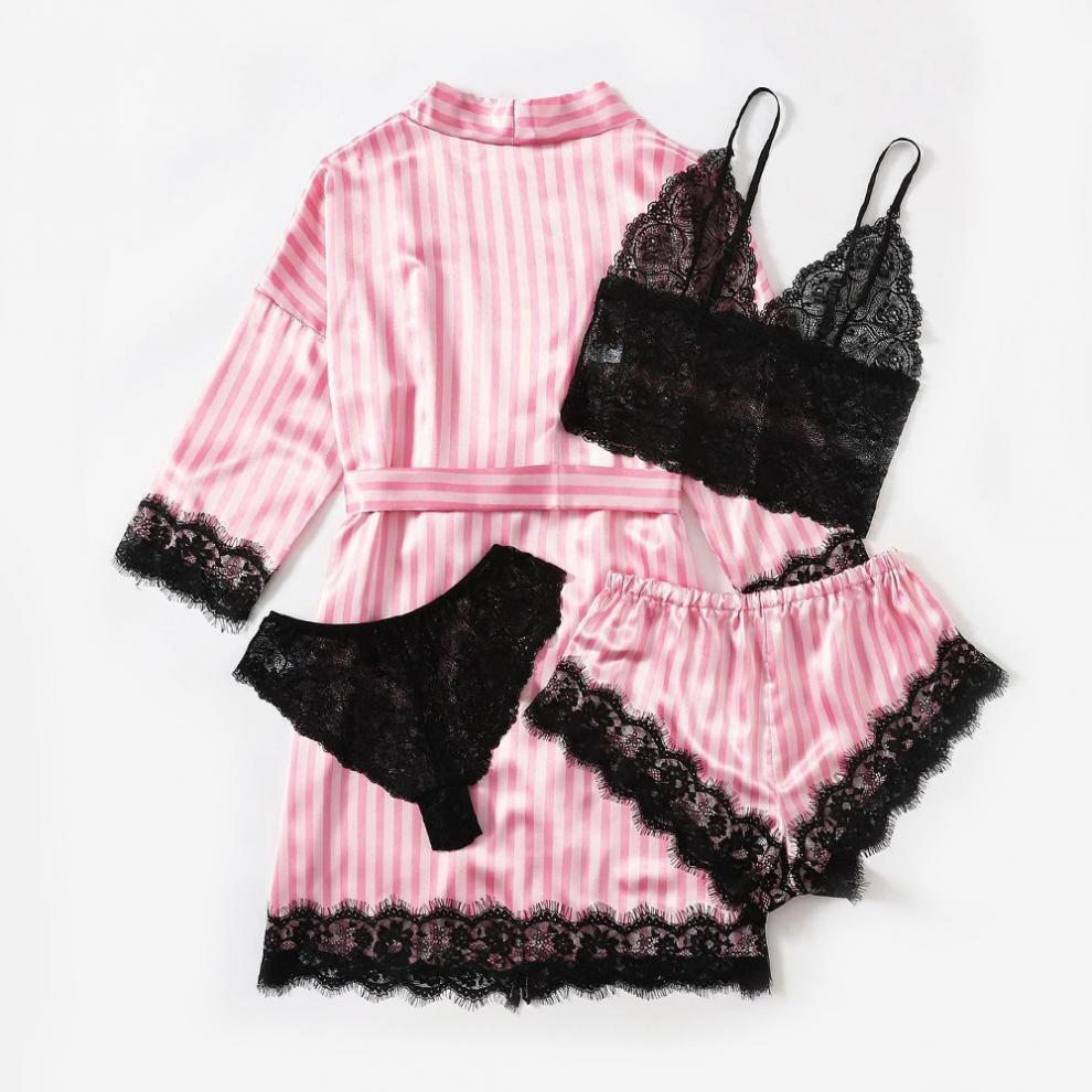 Lingerie Satin  Striped Coat Lace Bra Underwear Four-piece Set