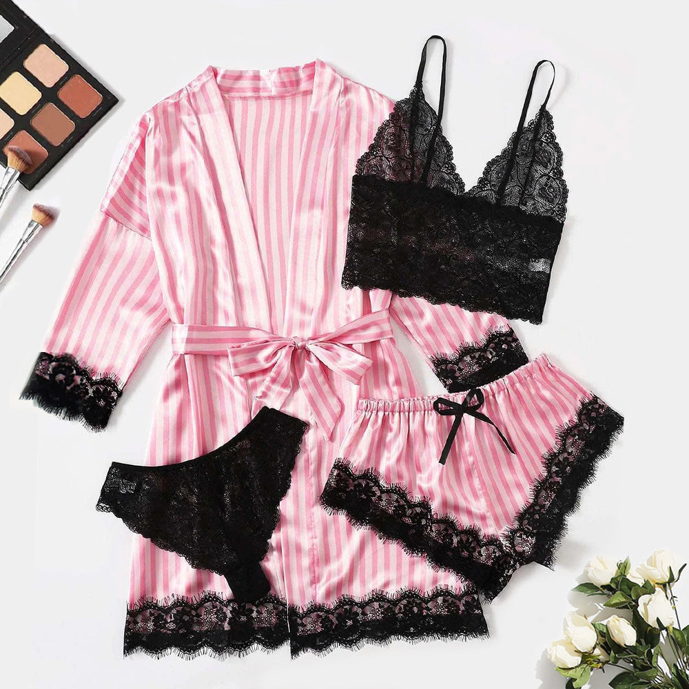 Lingerie Satin  Striped Coat Lace Bra Underwear Four-piece Set