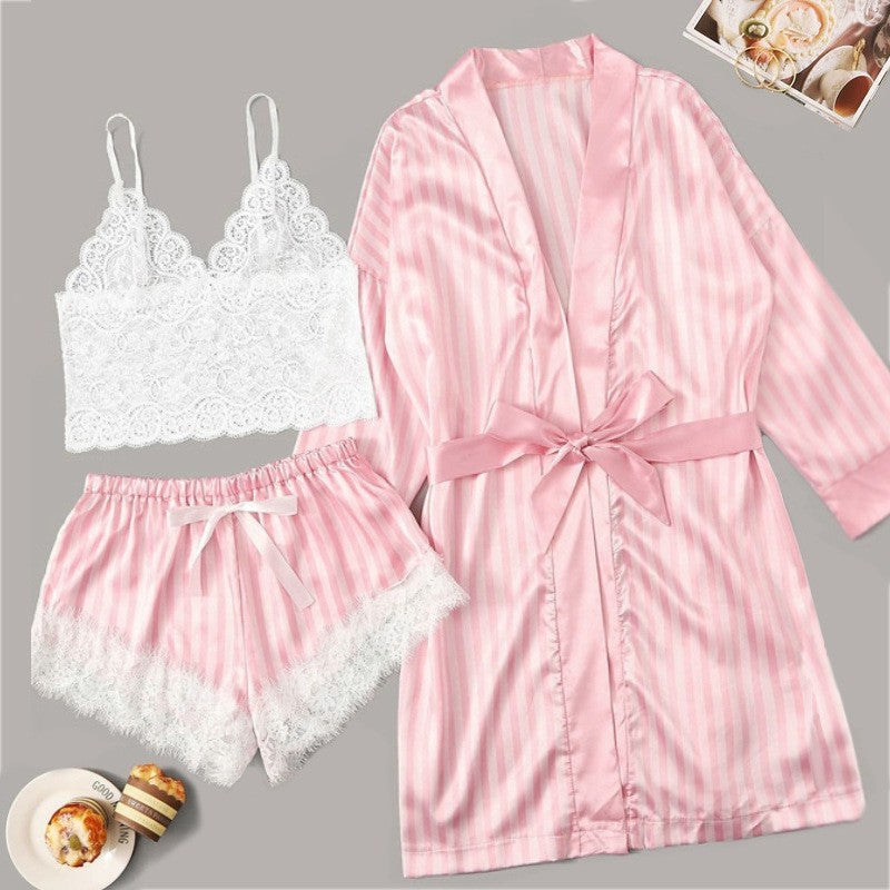 Lingerie Satin  Striped Coat Lace Bra Underwear Four-piece Set
