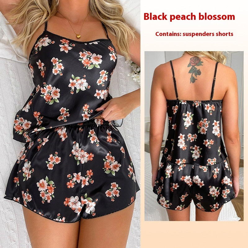 Timeless Satin Print Suspender Pajamas Set