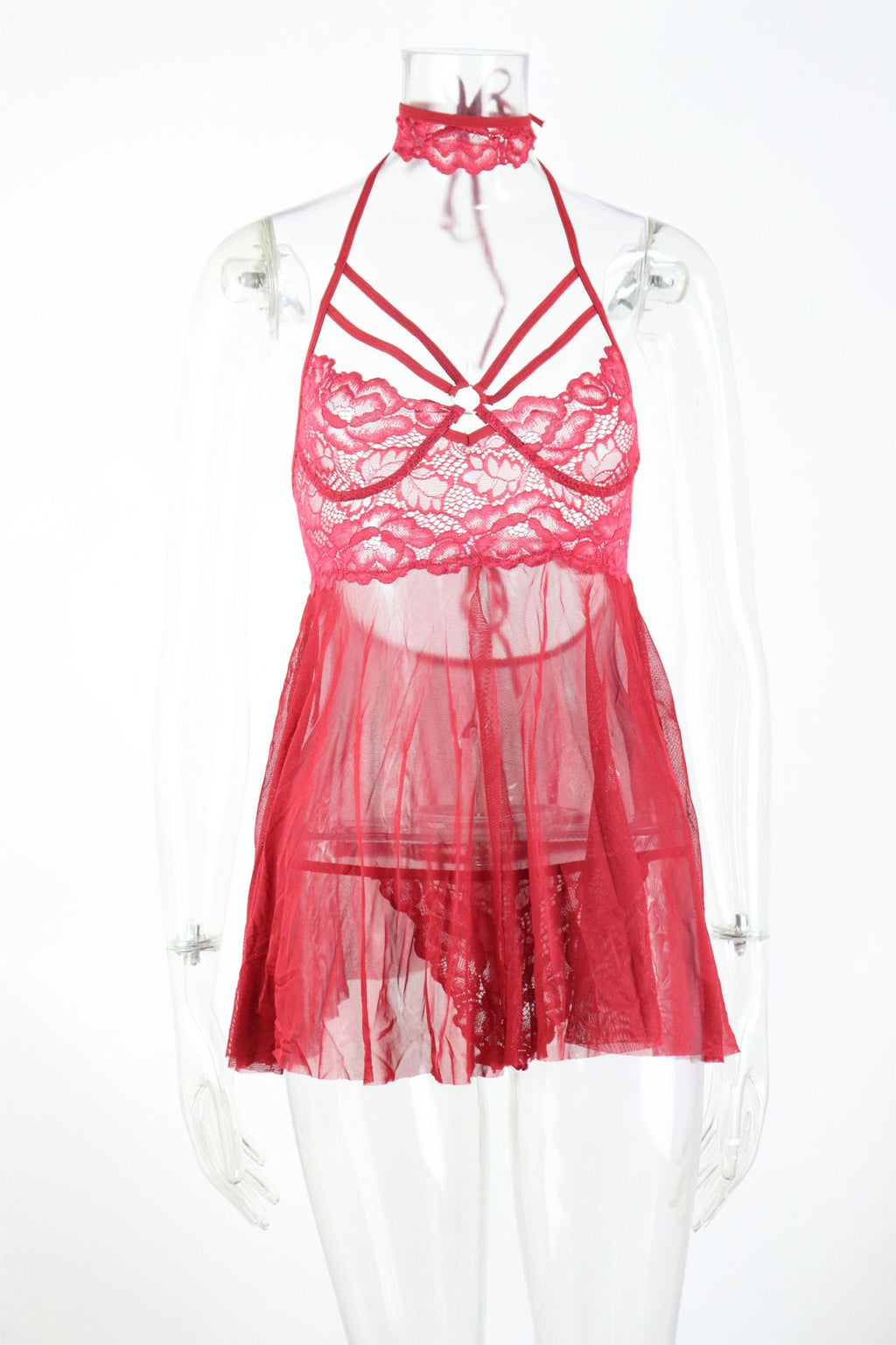 Bold Red Lace Nightdress with Alluring Suspender Detail