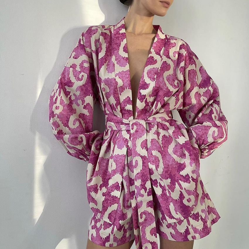 Women's Fashionable Satin Printed Pajamas Loose Lace-up
