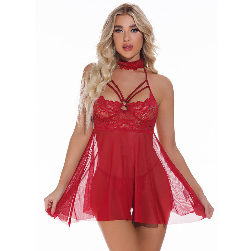 Bold Red Lace Nightdress with Alluring Suspender Detail