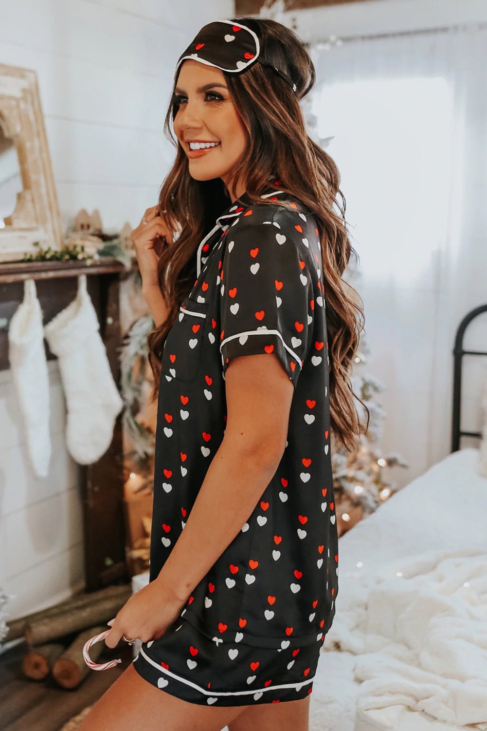 Black Hearts Print Satin Short Sleeve Shirt and Shorts Pajama Set - Xweetdreamx Lavender PallasWomen's ClothingLavender PallasXweetdreamx