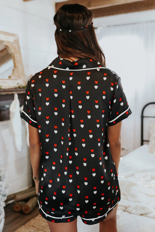 Black Hearts Print Satin Short Sleeve Shirt and Shorts Pajama Set - Xweetdreamx Lavender PallasWomen's ClothingLavender PallasXweetdreamx