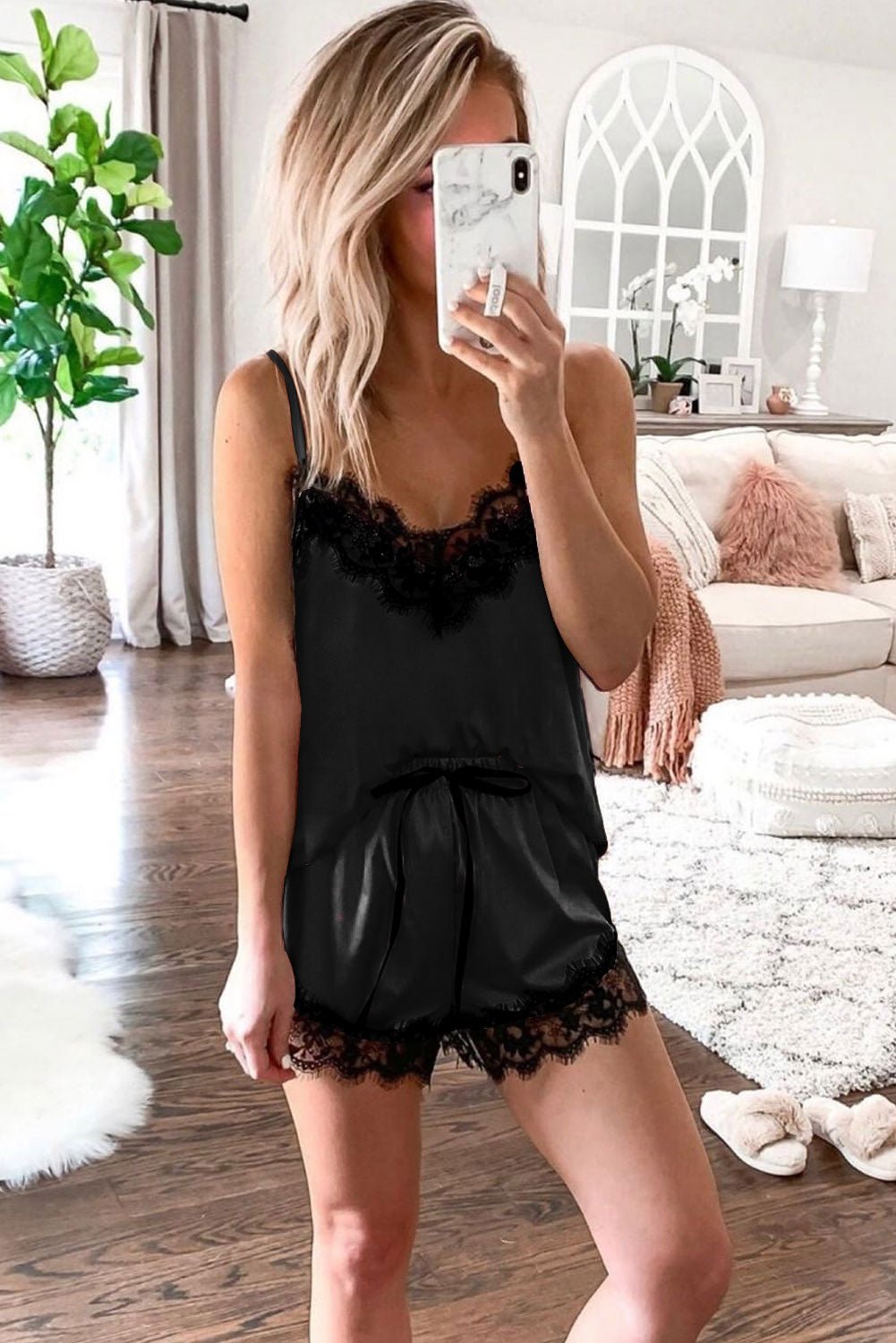 Black Lace Satin Sleepwear Cami Top and Shorts Pajama Set - Xweetdreamx Lavender PallasWomen's ClothingLavender PallasXweetdreamx