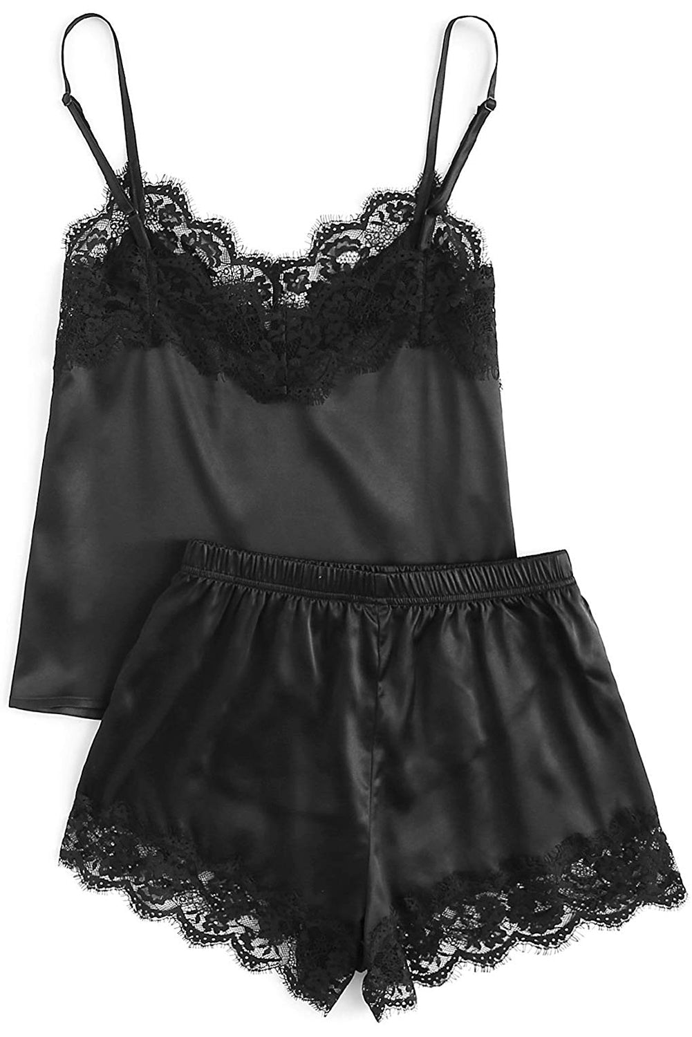 Black Lace Satin Sleepwear Cami Top and Shorts Pajama Set - Xweetdreamx Lavender PallasWomen's ClothingLavender PallasXweetdreamx
