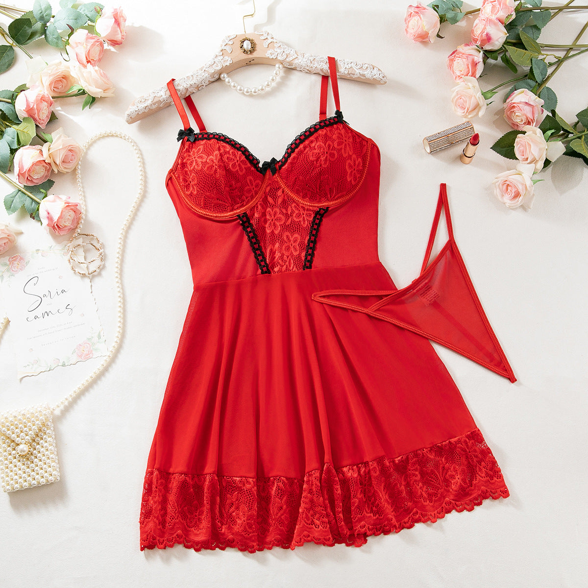 Sexy Maid Lace Lingerie Three-piece Set