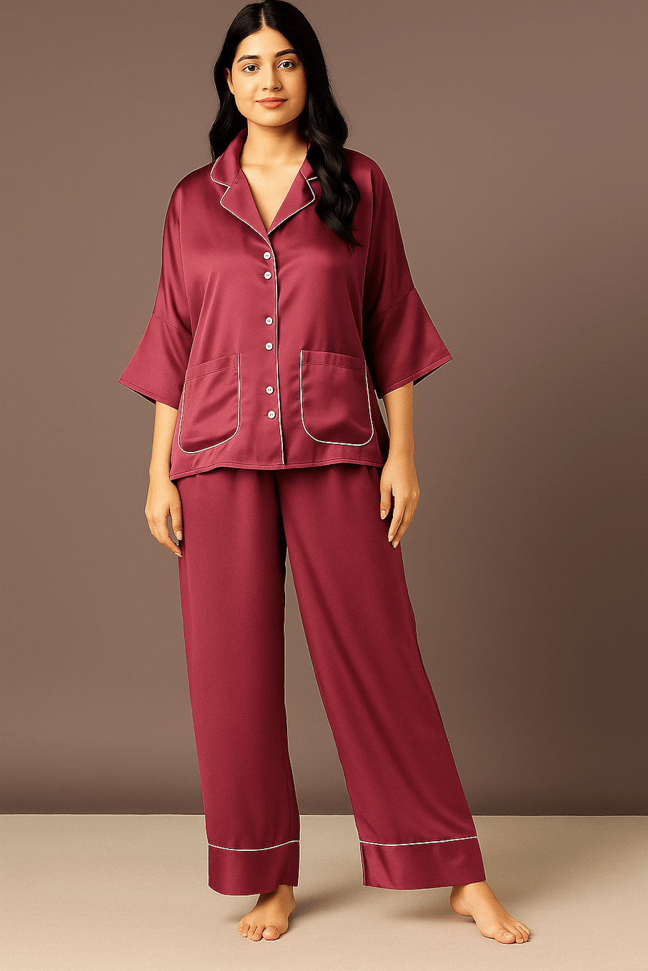 Chic Burgundy Satin Pajama Set with Relaxed Fit and Elegant Detailing - Xweetdreamx Ultramarine SeleneWomen's ClothingUltramarine SeleneXweetdreamx