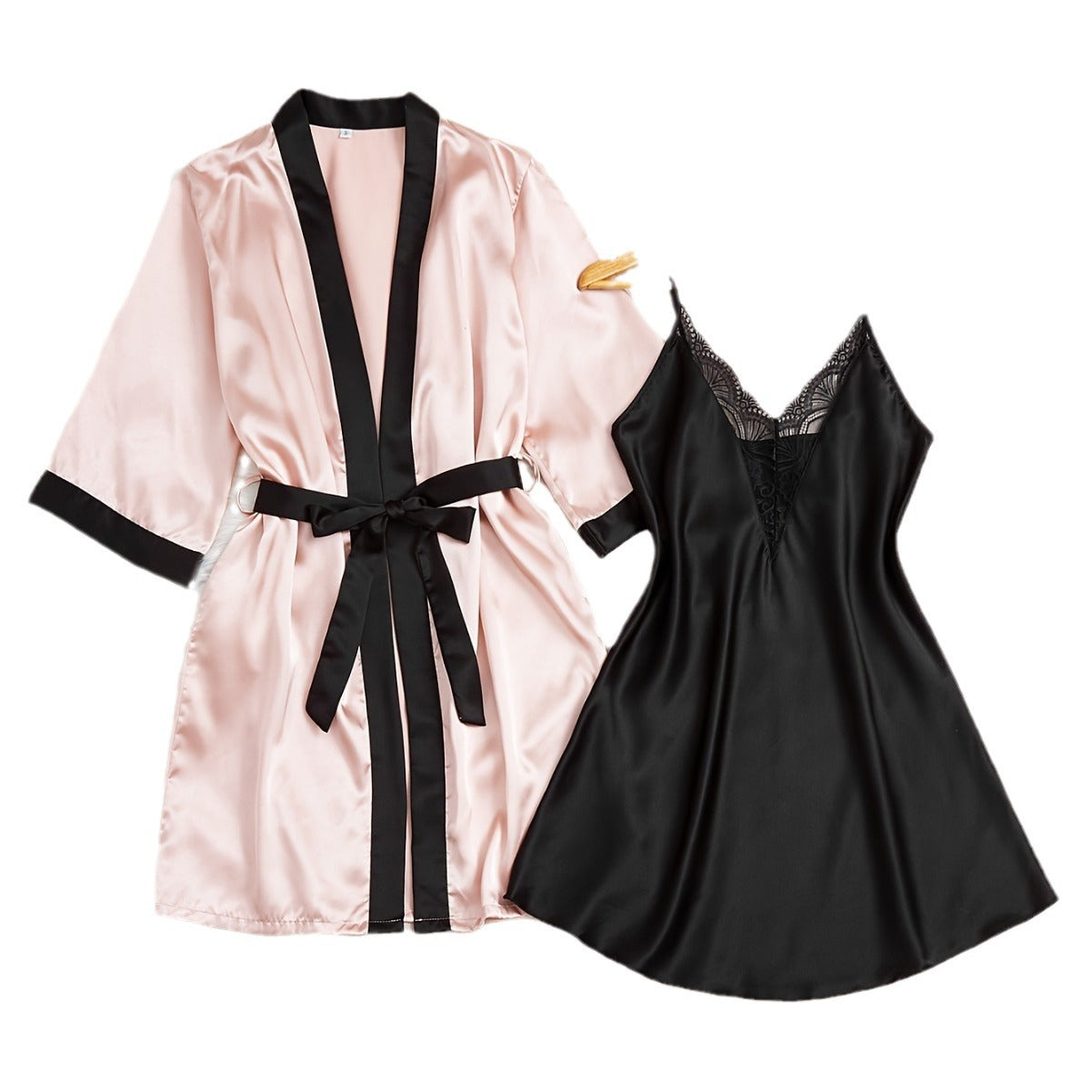 Womens Faux Silk Bathrobe And Pajama Two-Piece Set
