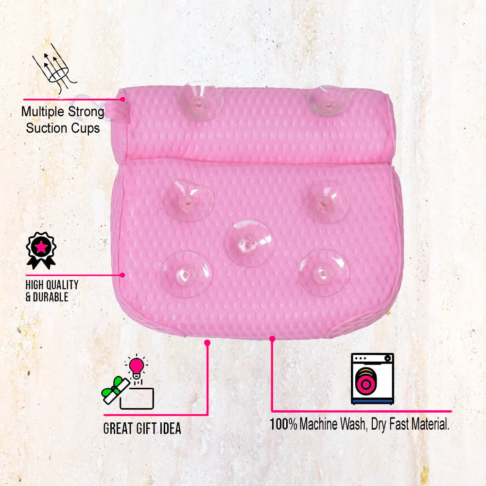 Home Spa Set Pink Bathtub Pillow with Anti-Slip Suction Cups 4D Mesh