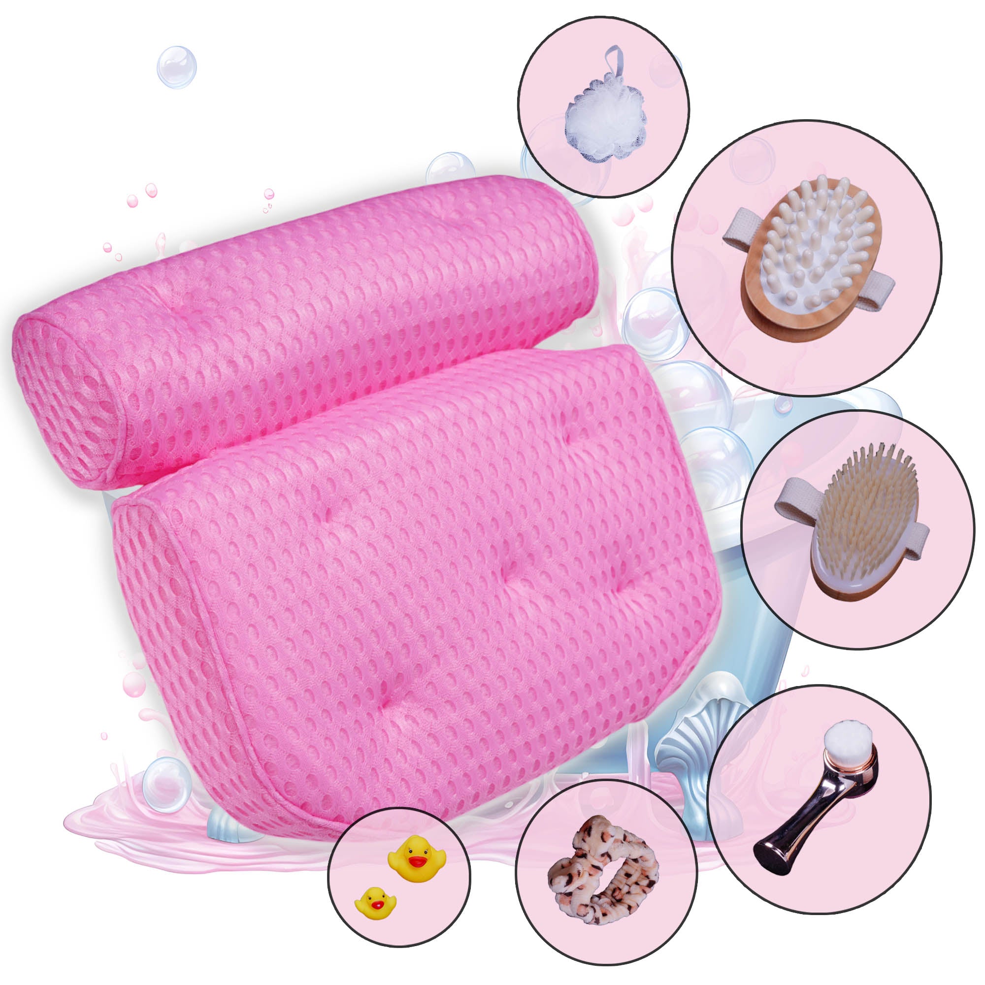 Home Spa Set Pink Bathtub Pillow with Anti-Slip Suction Cups 4D Mesh