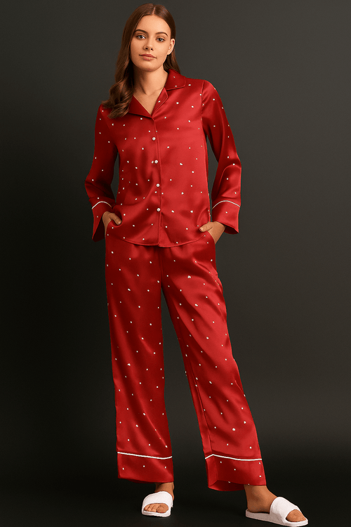 Elegant Red Satin Pajama Set with Polka Dots for Ultimate Comfort - Xweetdreamx Ultramarine SeleneWomen's ClothingUltramarine SeleneXweetdreamx