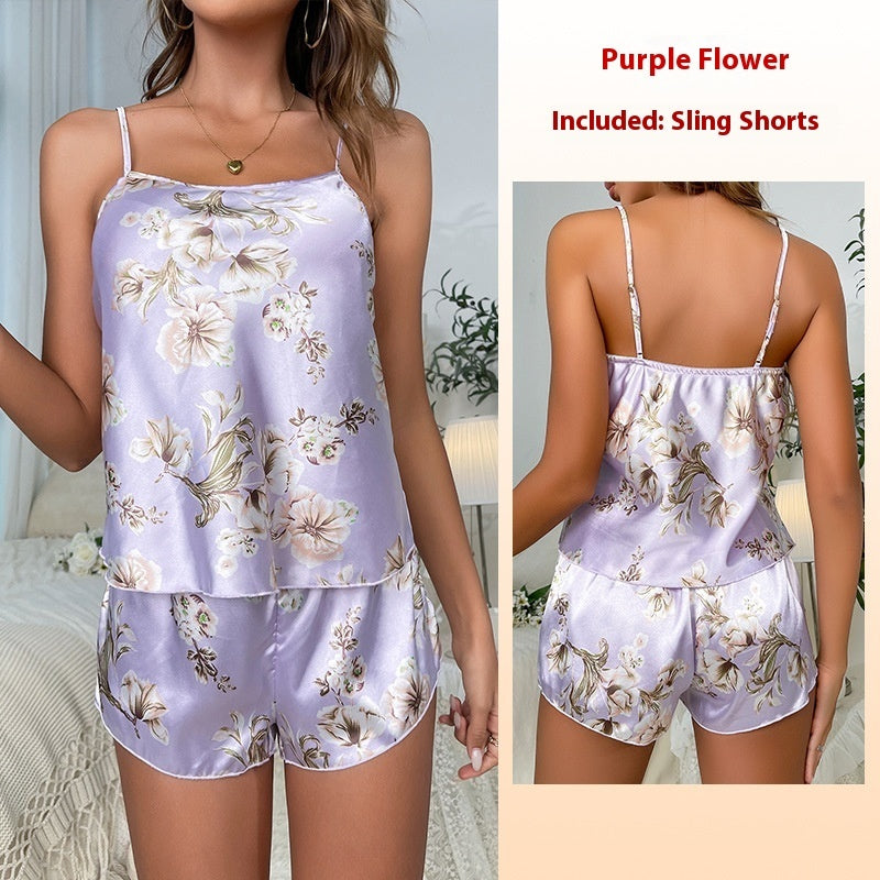 Timeless Satin Print Suspender Pajamas Set