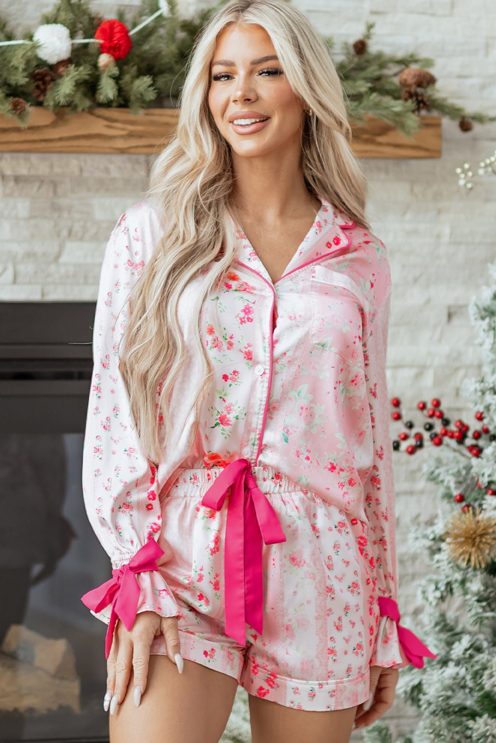 Floral Shirt Satin Tie and Shorts Pajama Set - Xweetdreamx Byzantium BayMatching SetsByzantium BayXweetdreamx