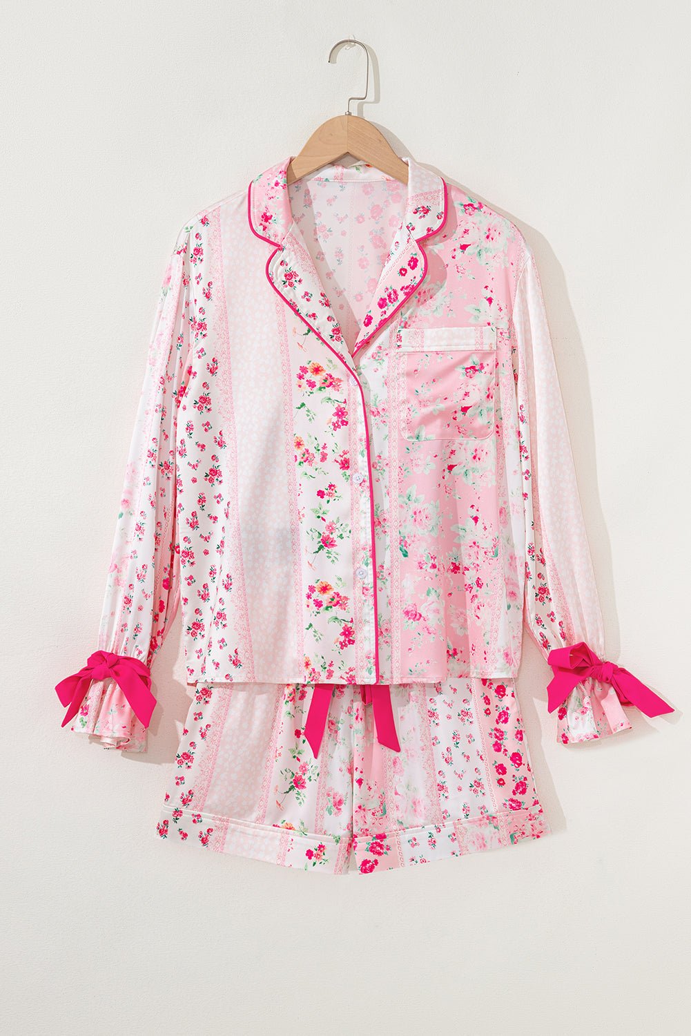 Floral Shirt Satin Tie and Shorts Pajama Set - Xweetdreamx Byzantium BayMatching SetsByzantium BayXweetdreamx