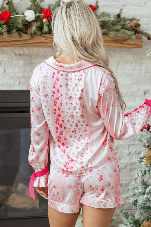 Floral Shirt Satin Tie and Shorts Pajama Set - Xweetdreamx Byzantium BayMatching SetsByzantium BayXweetdreamx