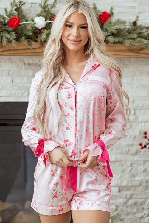 Floral Shirt Satin Tie and Shorts Pajama Set - Xweetdreamx Byzantium BayMatching SetsByzantium BayXweetdreamx
