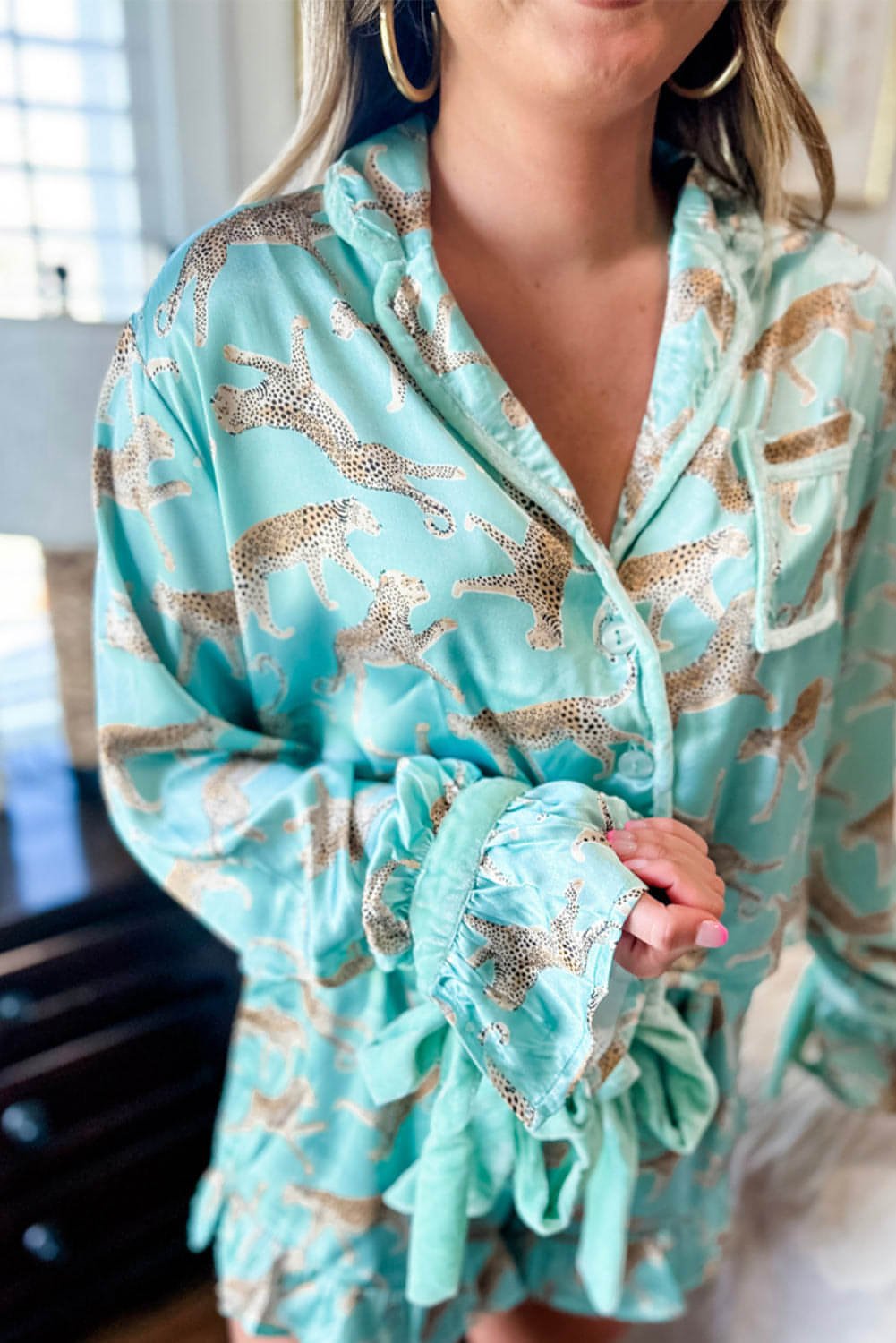 Green Leopard Satin Ruffle Pajama Short Set - Xweetdreamx Carmine JuneberryGiftsCarmine JuneberryXweetdreamx