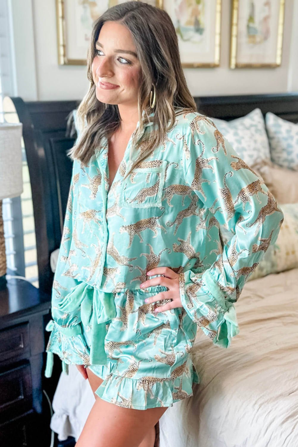 Green Leopard Satin Ruffle Pajama Short Set - Xweetdreamx Carmine JuneberryGiftsCarmine JuneberryXweetdreamx