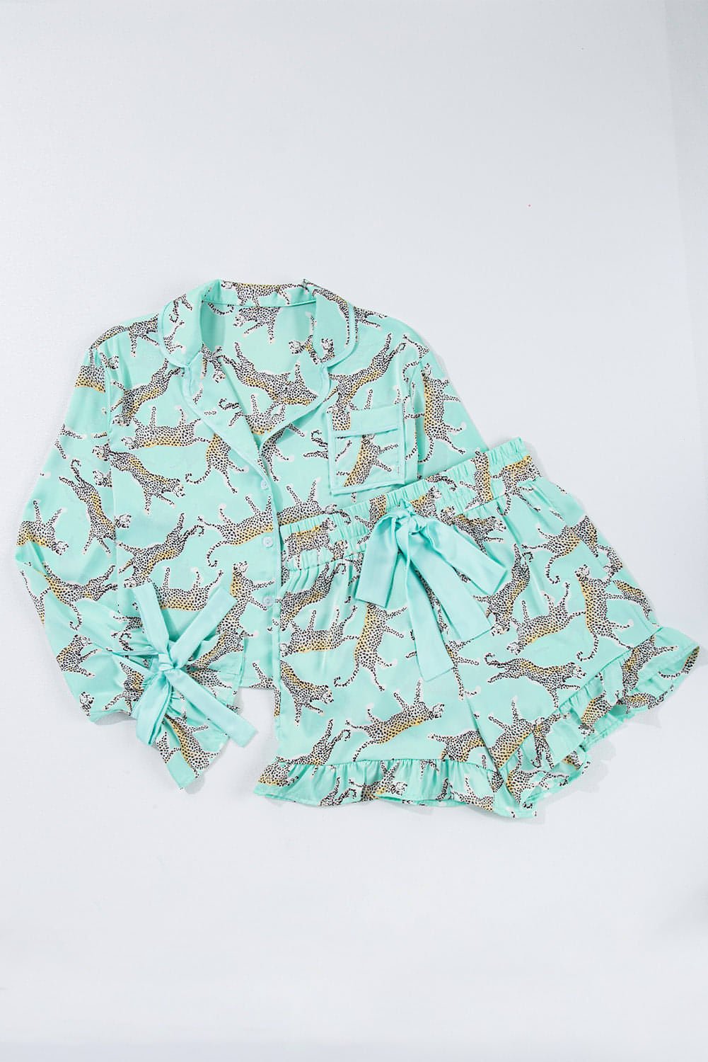 Green Leopard Satin Ruffle Pajama Short Set - Xweetdreamx Carmine JuneberryGiftsCarmine JuneberryXweetdreamx