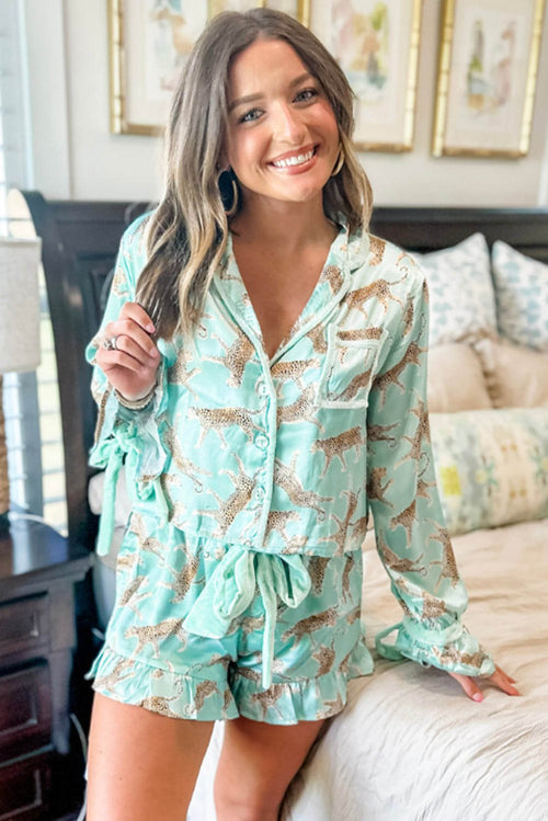 Green Leopard Satin Ruffle Pajama Short Set - Xweetdreamx Carmine JuneberryGiftsCarmine JuneberryXweetdreamx
