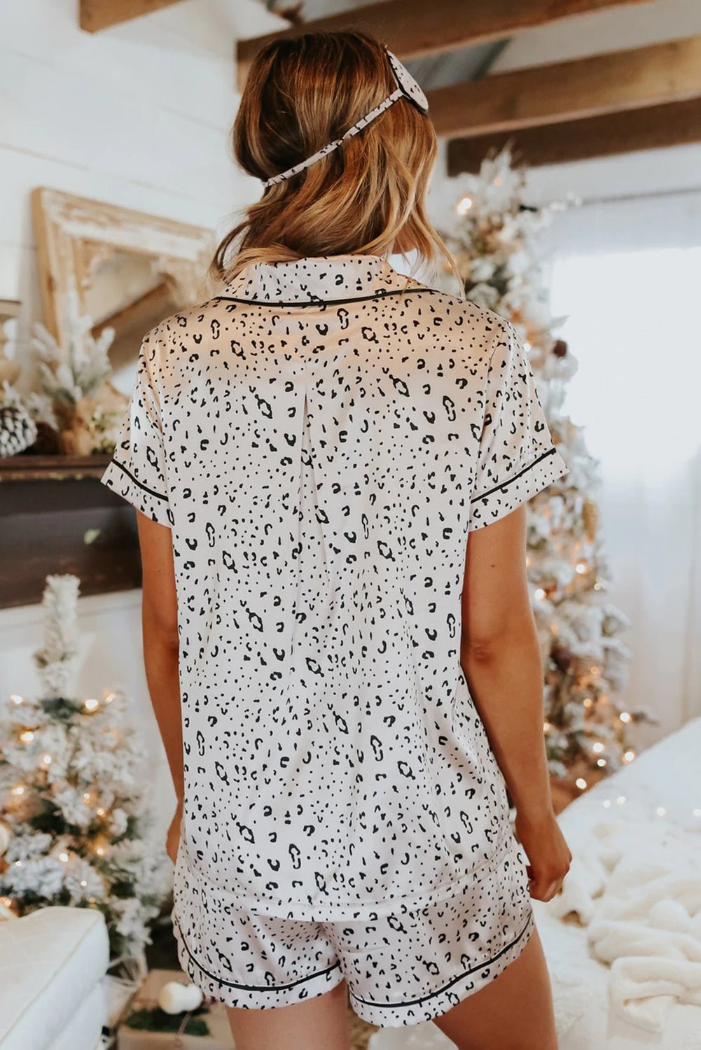 Leopard Print Satin Short Sleeve Shirt and Shorts Pajama Set - Xweetdreamx Lavender PallasWomen's ClothingLavender PallasXweetdreamx